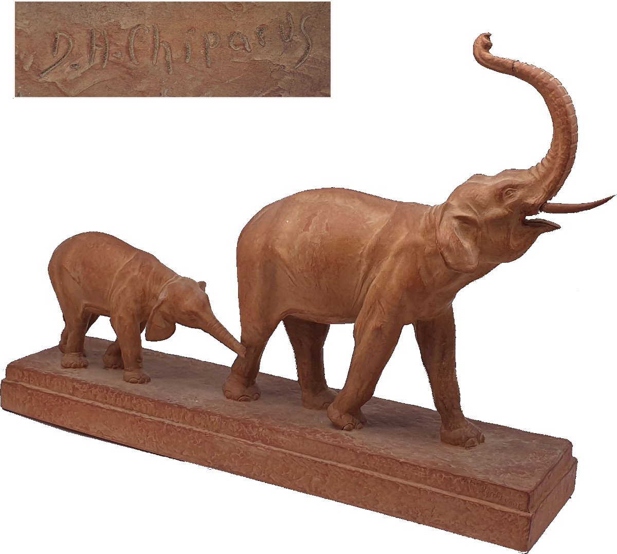 Demetre Chiparus Sculpture En Terre Cuite  Une éléphante Barrissant Et Son éléphanteau 