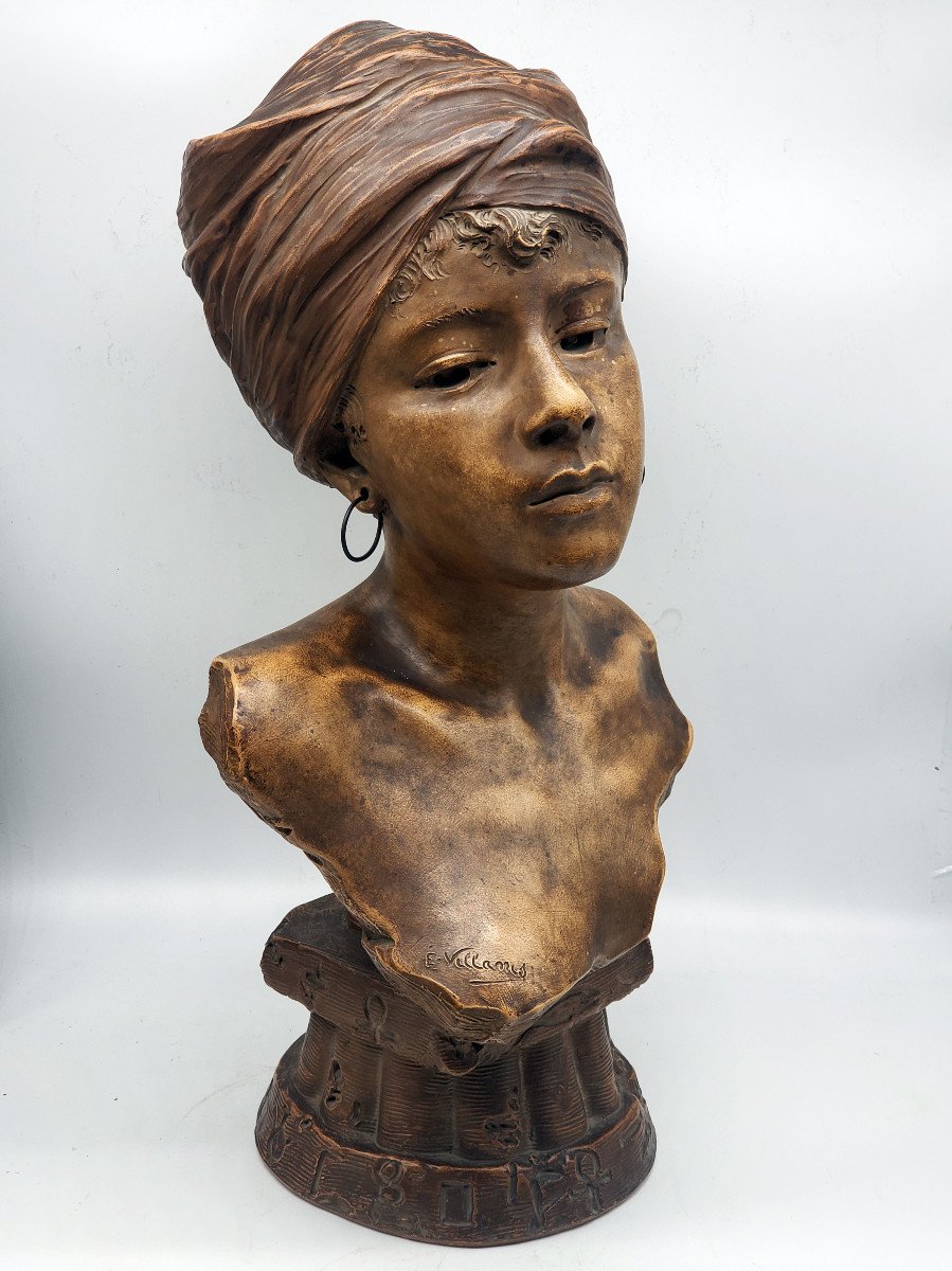 Emmanuel Villanis 1858-1914 Bust Young Orientalist Woman With Creoles And Terracotta Turban-photo-3