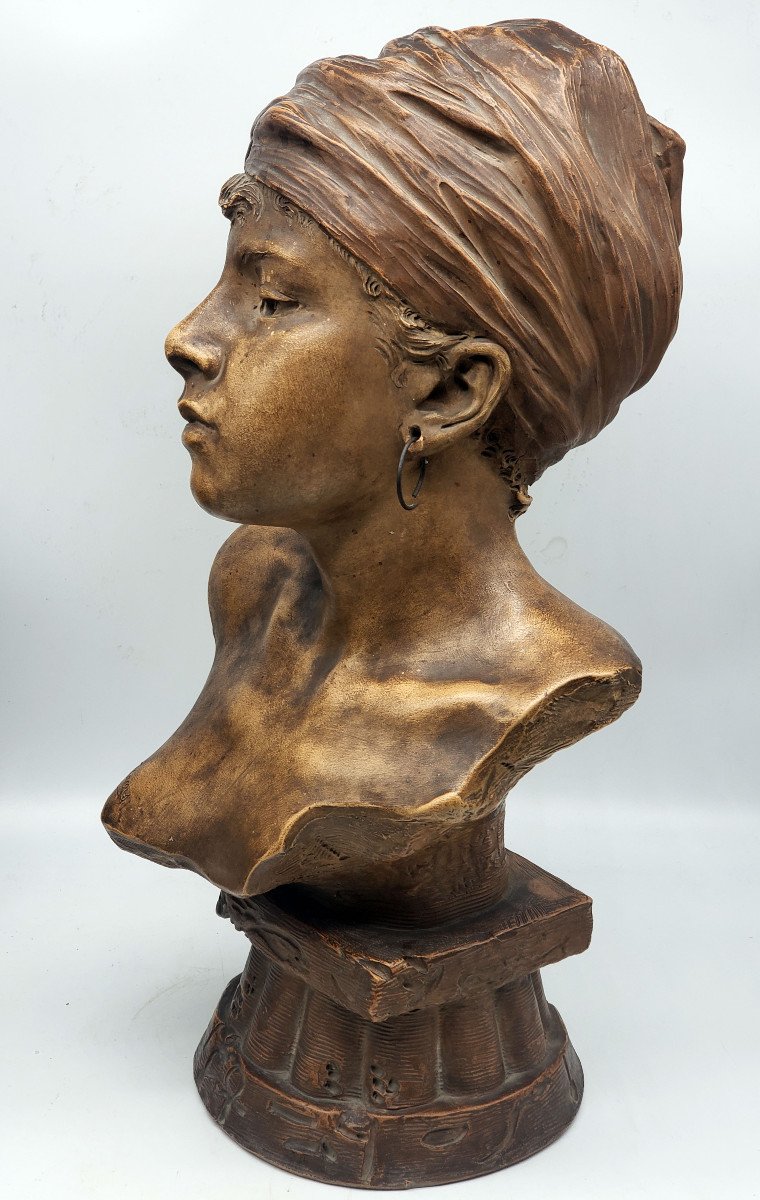 Emmanuel Villanis 1858-1914 Bust Young Orientalist Woman With Creoles And Terracotta Turban-photo-4