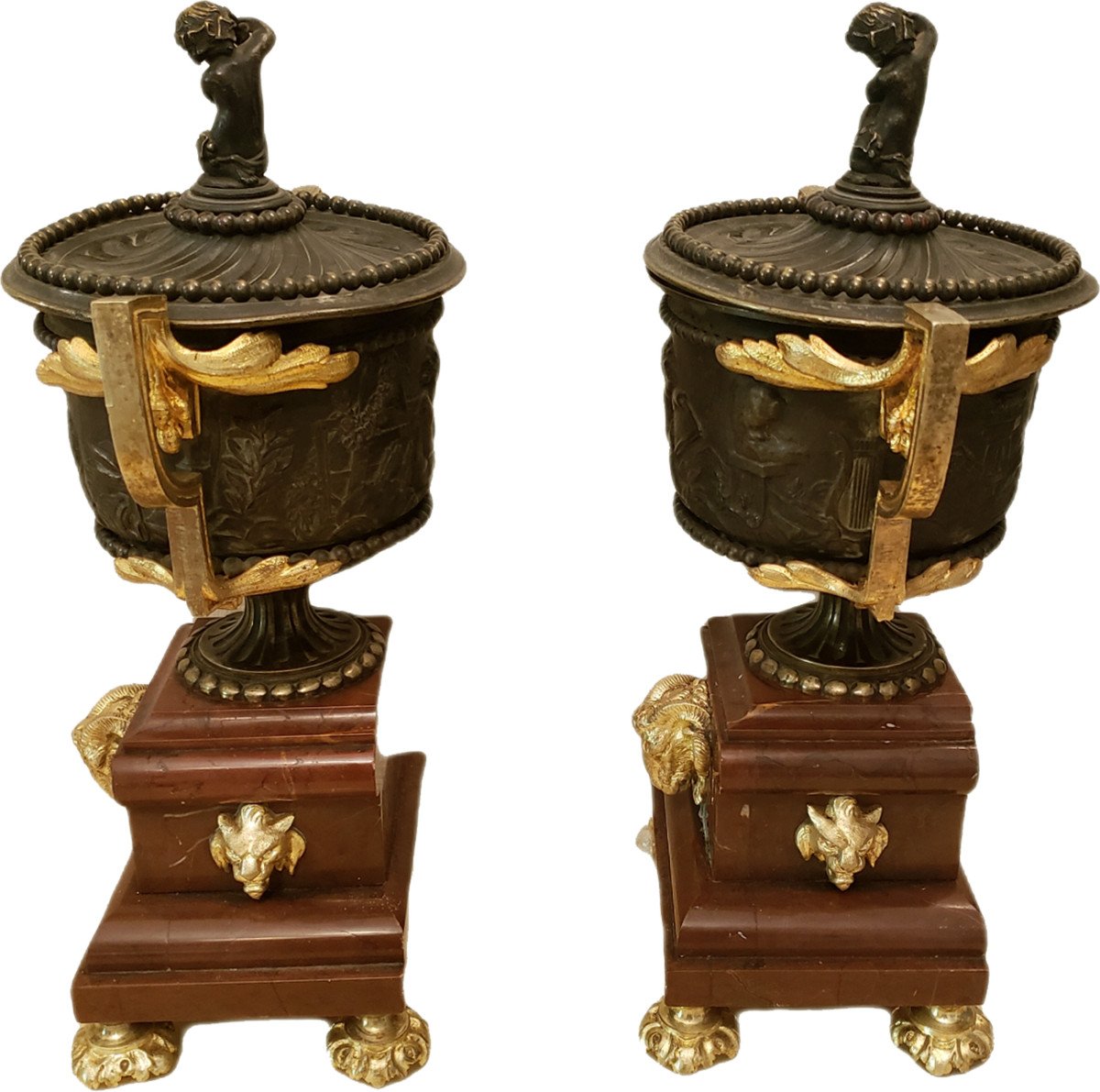 Pair Of Cassolettes In Bronze And Marble Truquin Napoleon III-photo-2