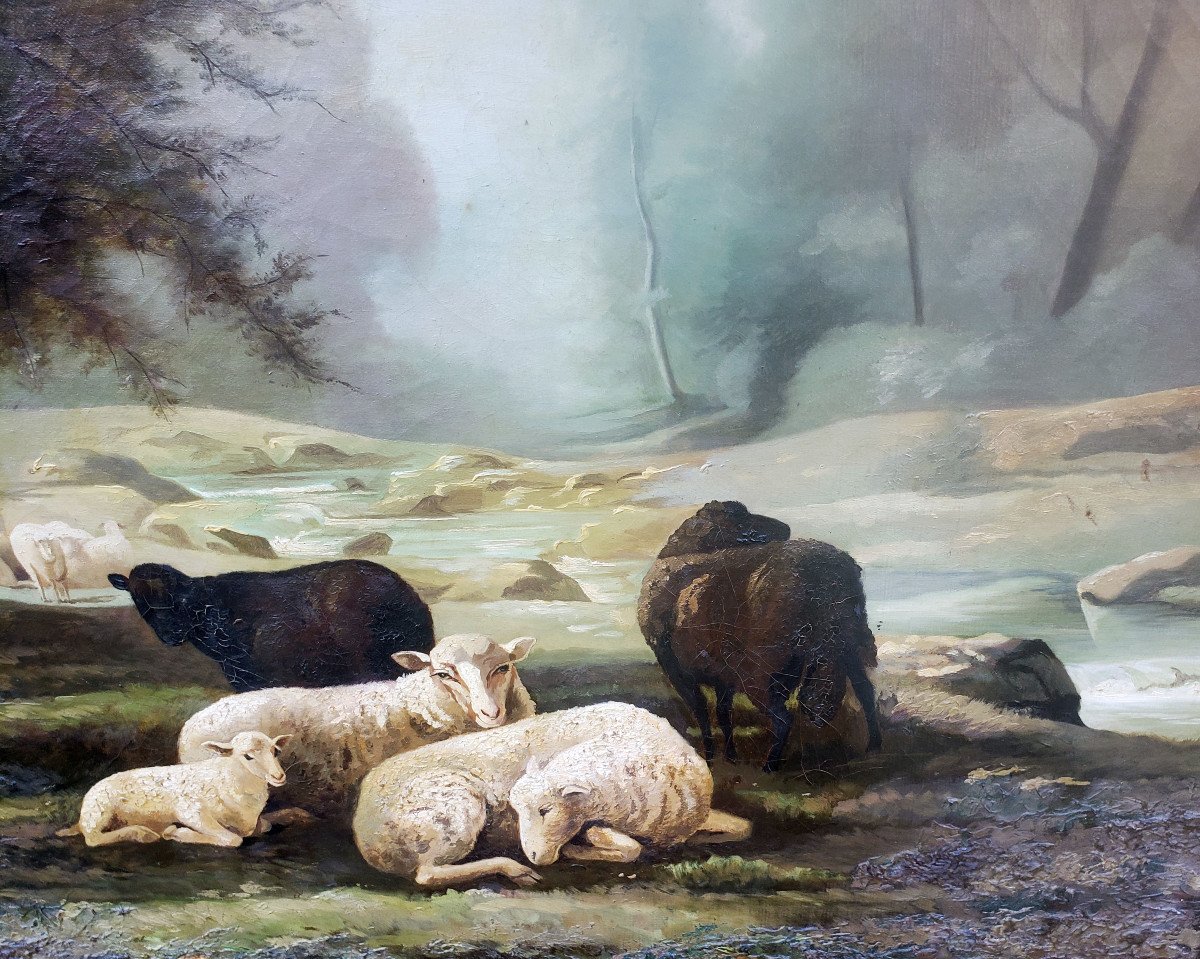 Jean Ferdinant Chaigneau Bergere & His Flock Of Sheep 110 X 85 Barbizon-photo-3