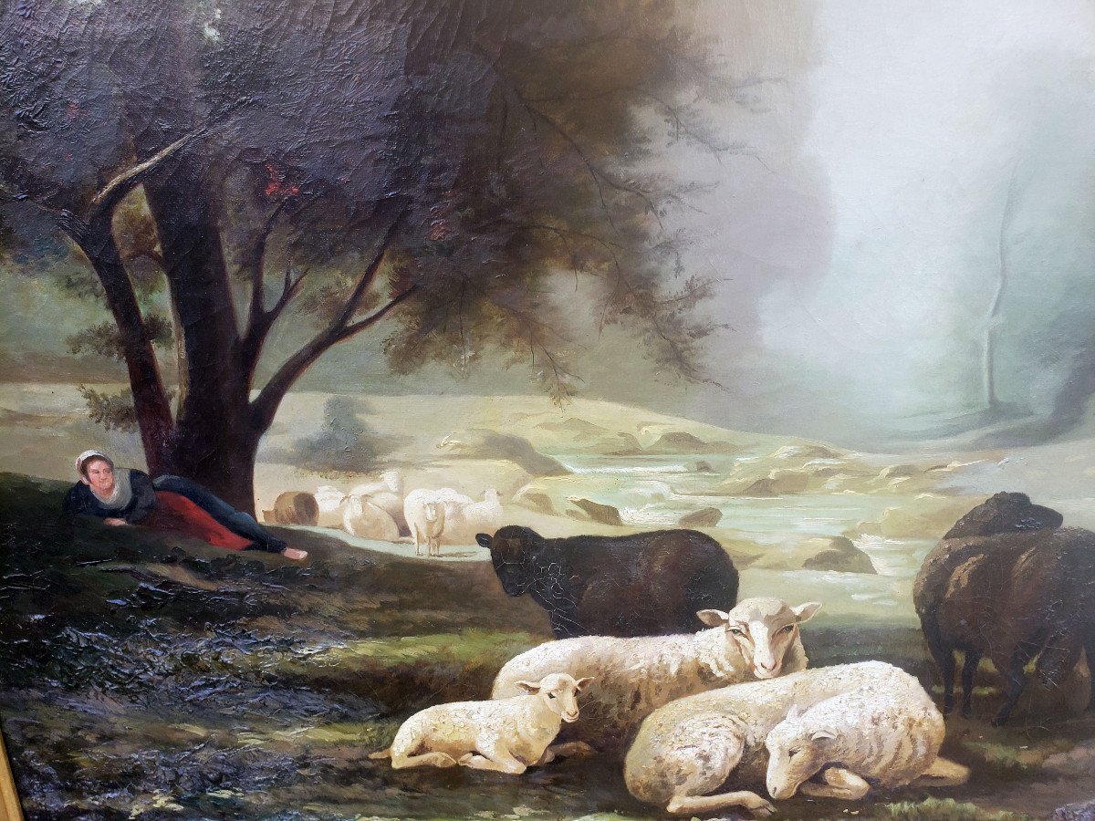 Jean Ferdinant Chaigneau Bergere & His Flock Of Sheep 110 X 85 Barbizon-photo-4