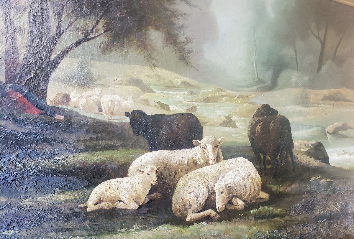 Jean Ferdinant Chaigneau Bergere & His Flock Of Sheep 110 X 85 Barbizon-photo-6