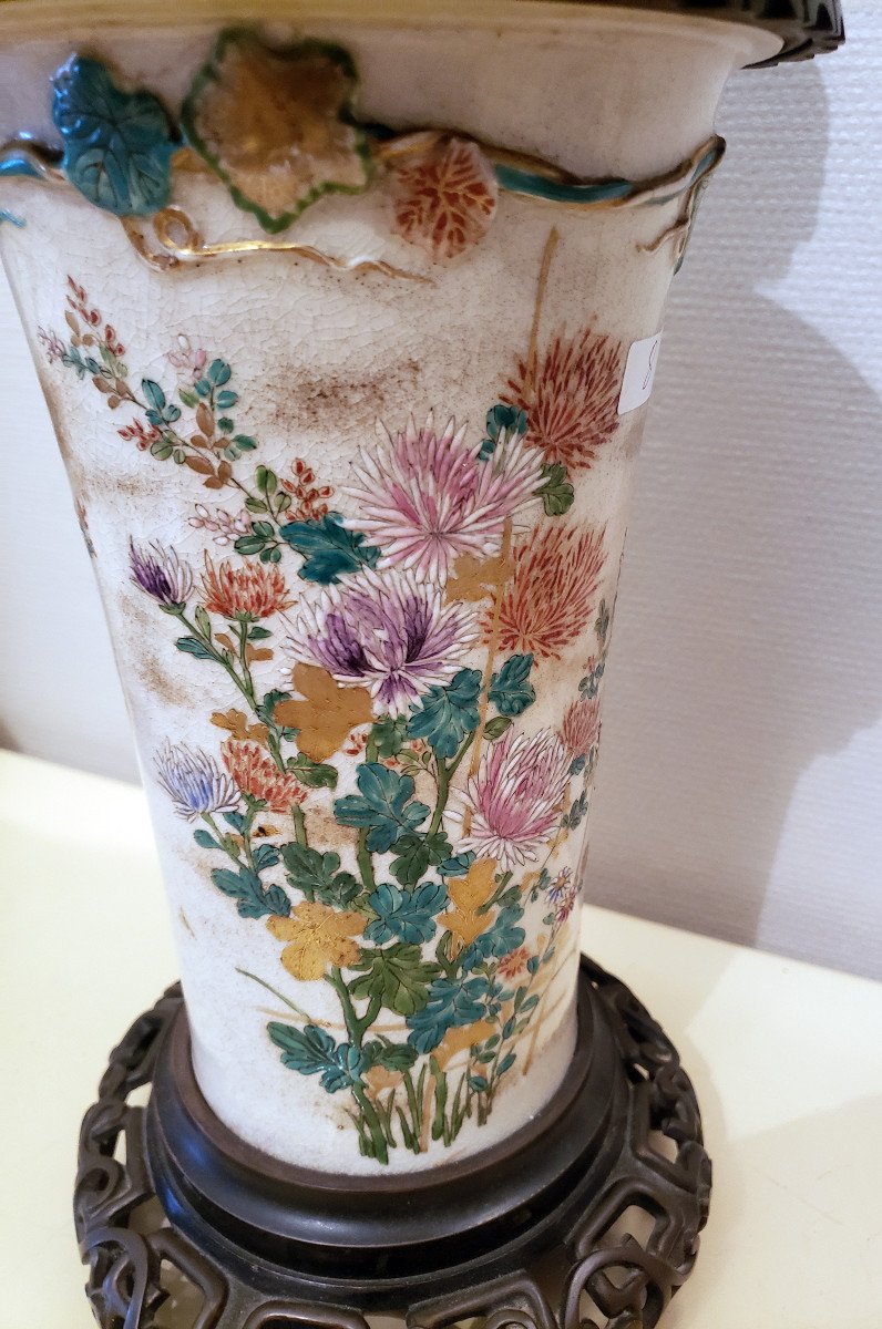 Lampe A Huile Porcelaine Chine & Bronze XIXeme Decor  EmaillÉ Fleurs De Chrysantheme-photo-4