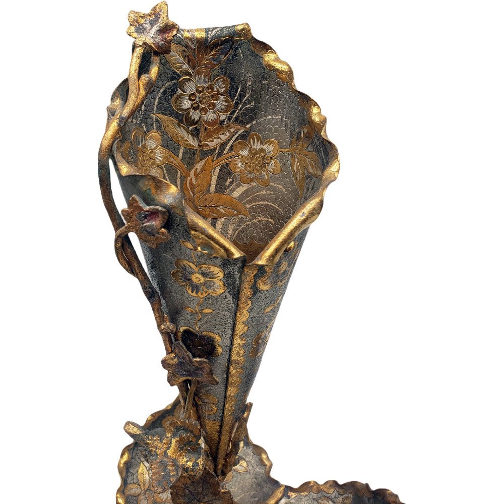 Soliflore And Empty Pocket Art Nouveau Bronze And Brass Two Patina Silver And Gold Circa 1900-photo-7