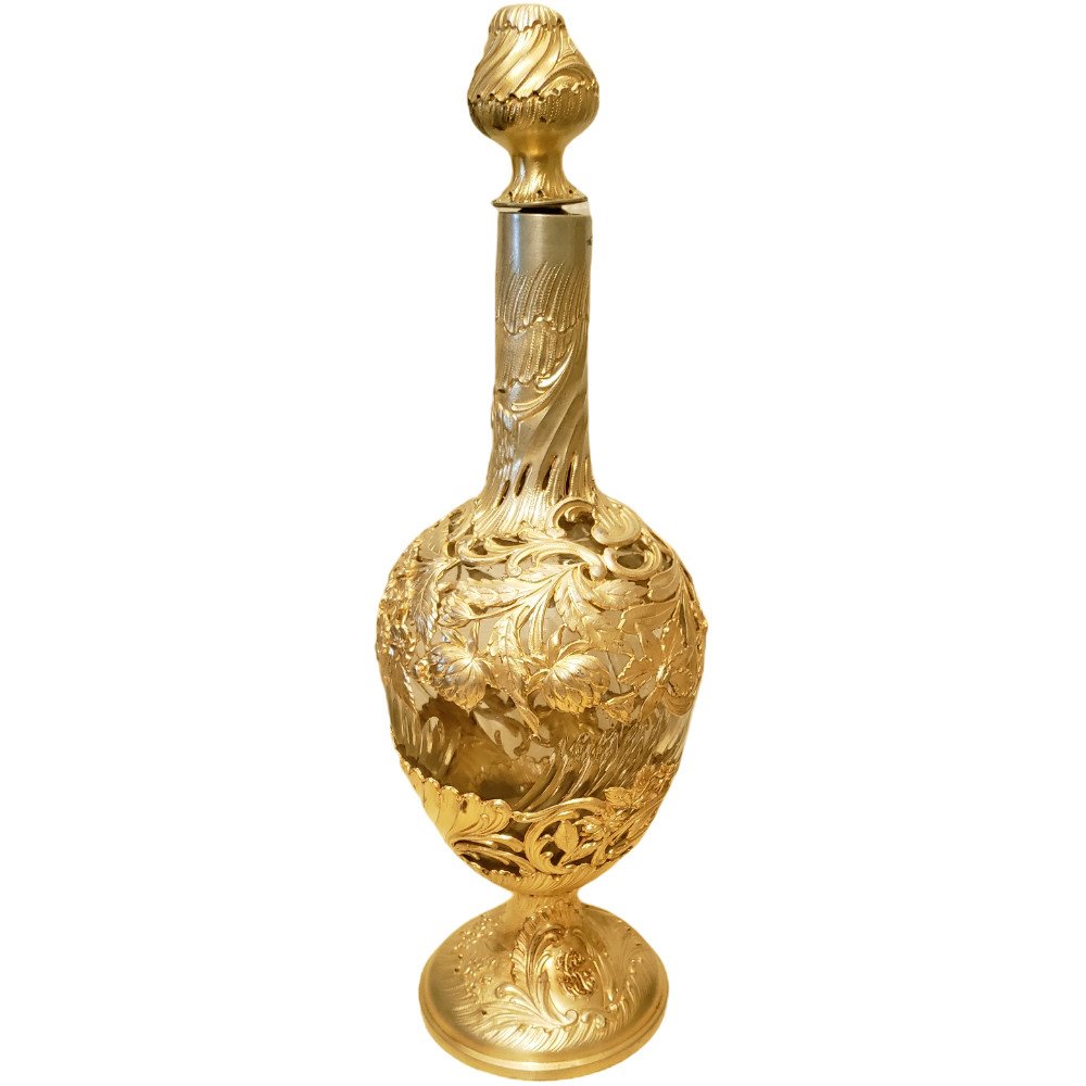 Carafe Bouteille Vermeil Argent Massif & Cristal d'Epoque Art Nouveau 