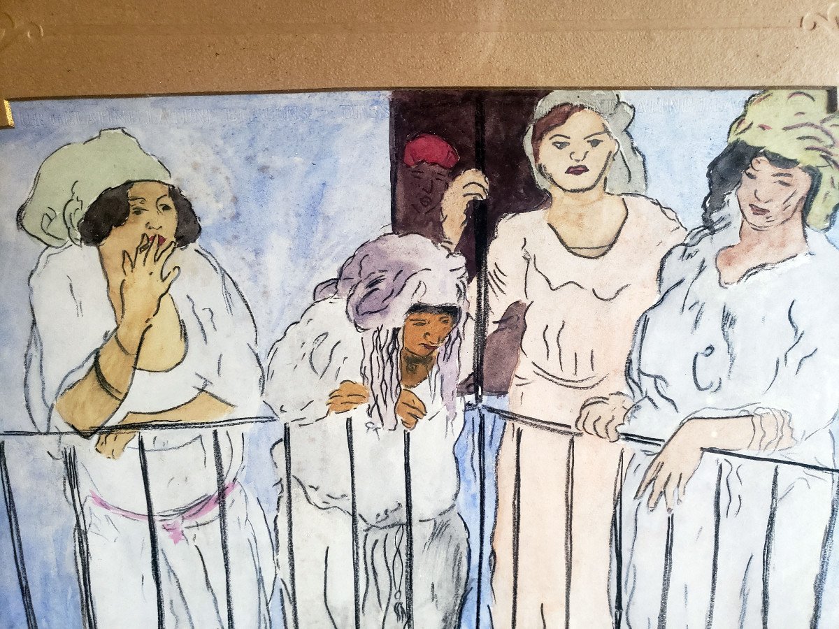 Gustave Lino Aquarele Filles De Joie d'Une Maison Close d'Algerie Oriantaliste -photo-2