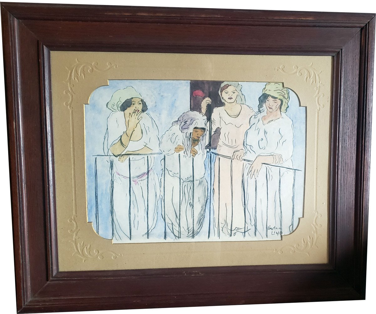 Gustave Lino Aquarele Filles De Joie d'Une Maison Close d'Algerie Oriantaliste 