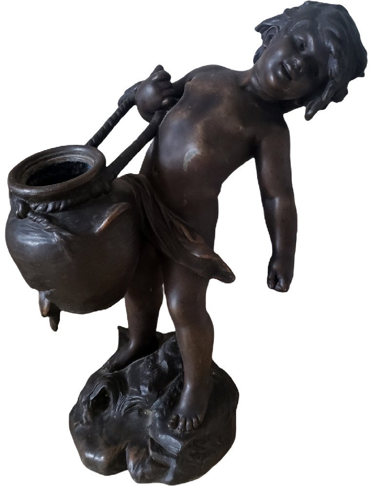 Auguste Moreau Patina Bronze Medal Statue In Regulates Representing The Child With The Pierced Jug-photo-2