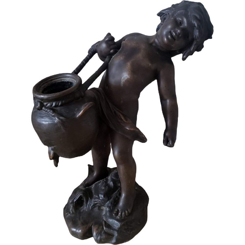 Auguste Moreau Patina Bronze Medal Statue In Regulates Representing The Child With The Pierced Jug-photo-1