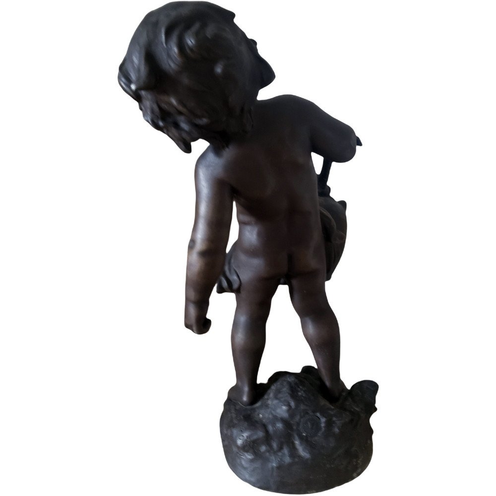 Auguste Moreau Patina Bronze Medal Statue In Regulates Representing The Child With The Pierced Jug-photo-3