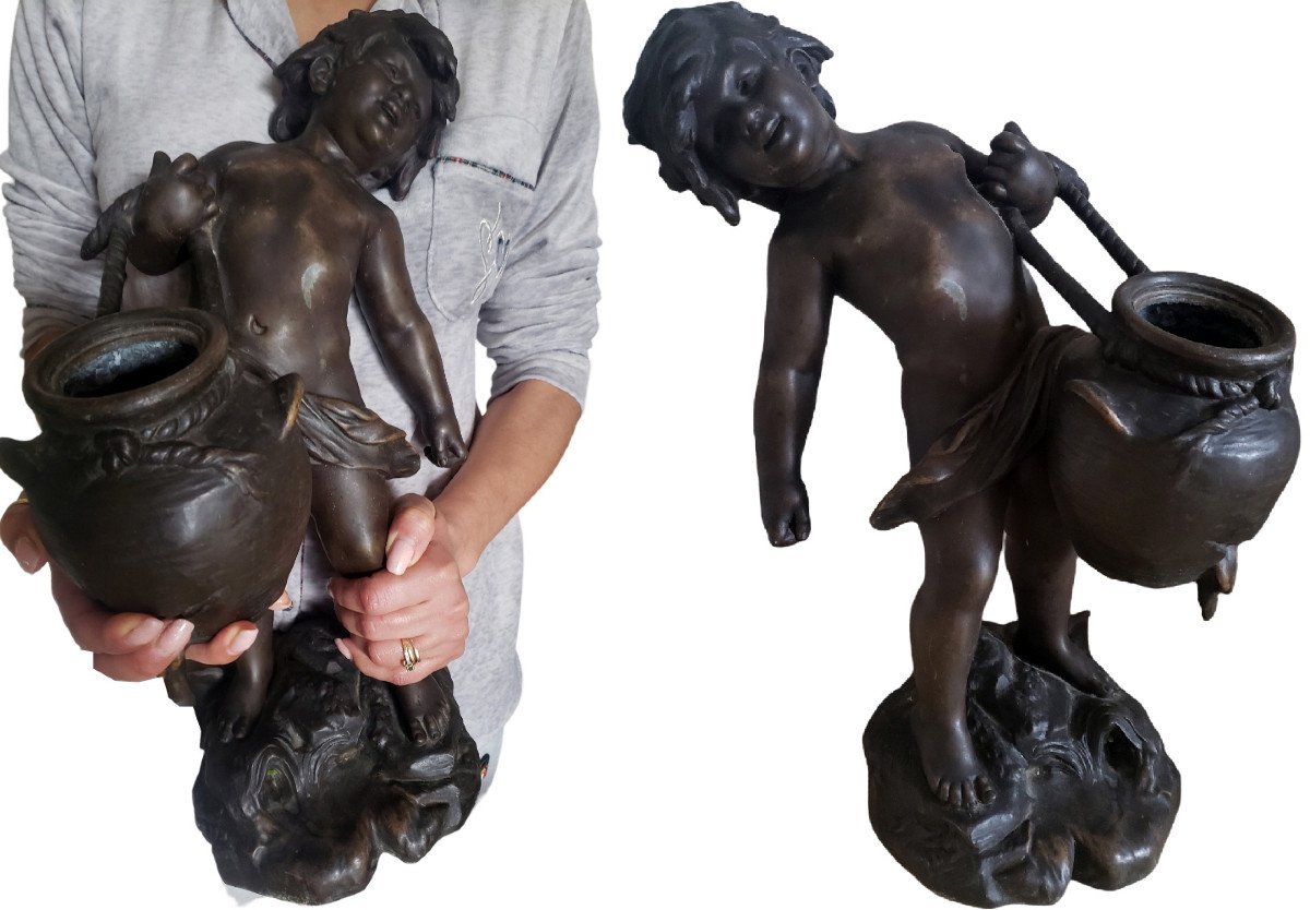 Auguste Moreau Patina Bronze Medal Statue In Regulates Representing The Child With The Pierced Jug