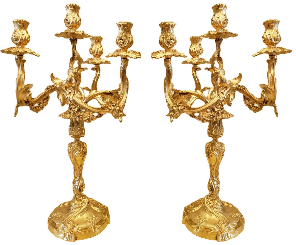 Paire De Candélabres Style Louis XV En Bronze Doré XIXème d'Apres Juste Aurèle Meissonnier