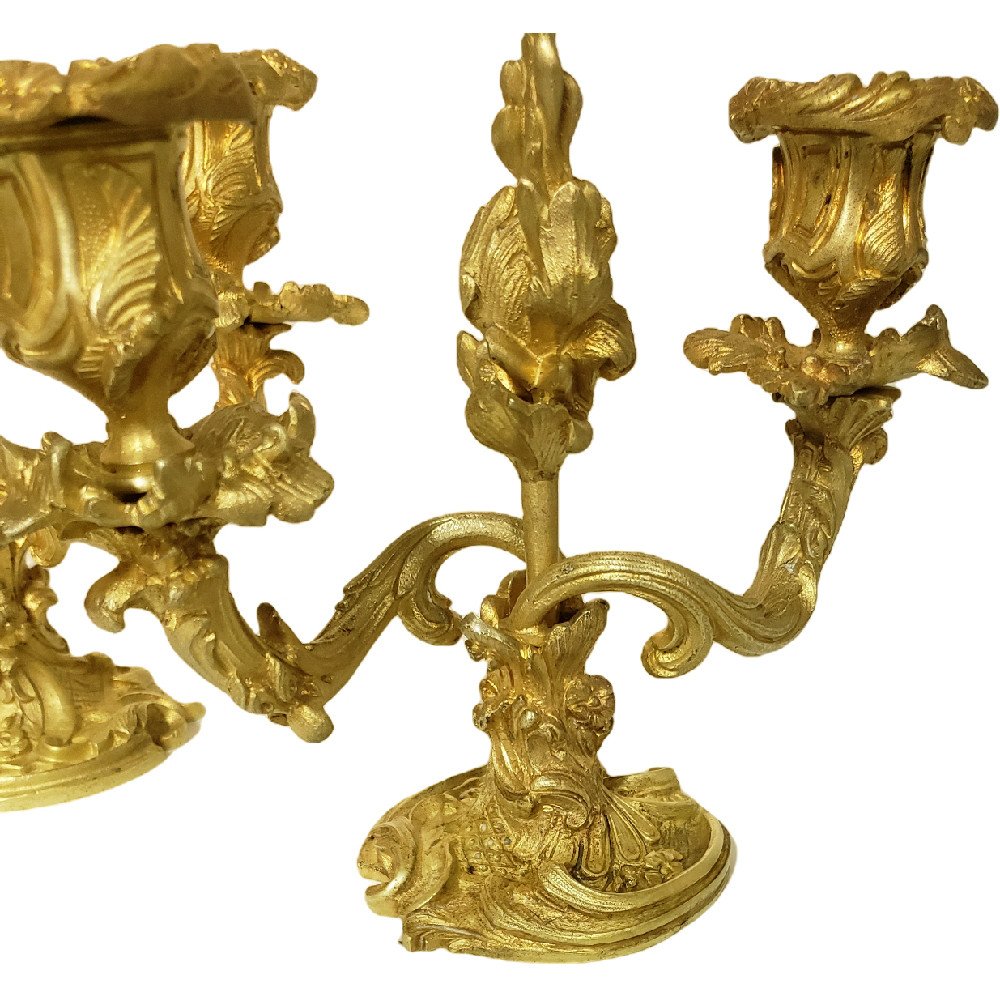 Paire De Bougeoirs à Deux Bras De Lumière Bronze Doré De Style Rocailled'époque XIXème-photo-3