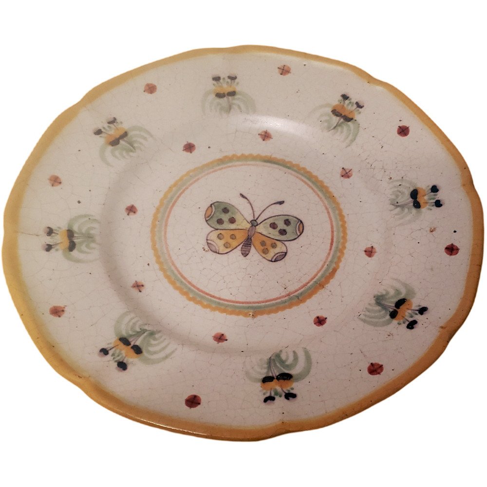 Three Plates In Faience Of Nevers Montagnon Decor With Butterfly-photo-3