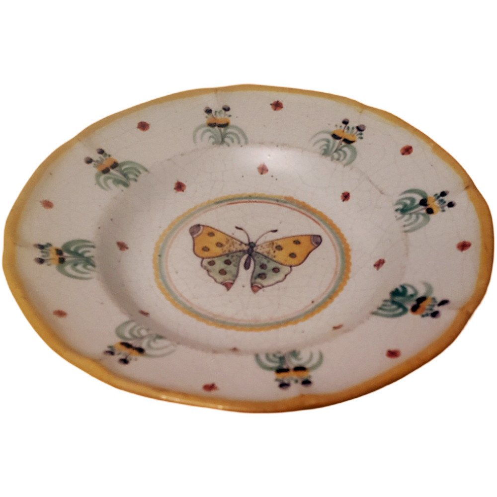 Three Plates In Faience Of Nevers Montagnon Decor With Butterfly-photo-2