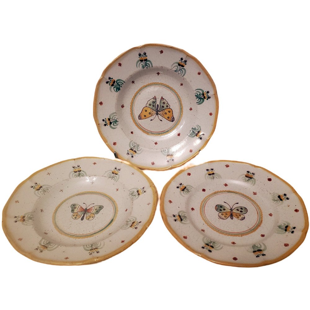 Three Plates In Faience Of Nevers Montagnon Decor With Butterfly