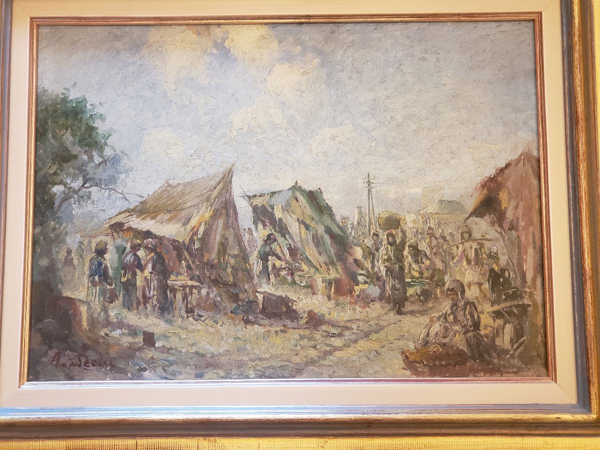 Oil On Canvas Orientalist Market In Algiers Signed-photo-2