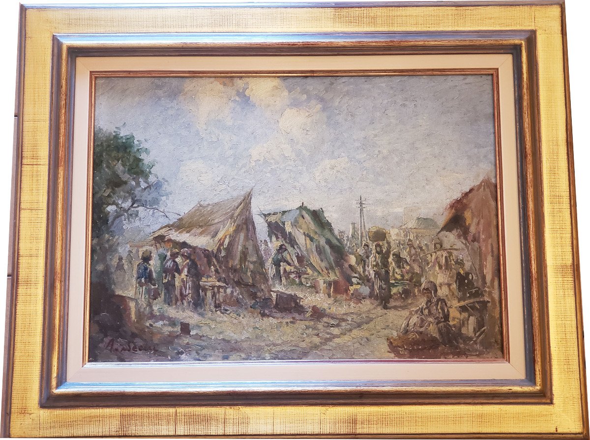 Oil On Canvas Orientalist Market In Algiers Signed