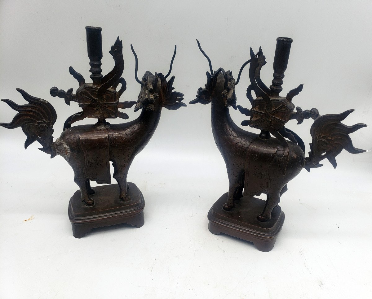 Pair Of Dragons Or China Asian Fô Dog In Bronze XIXth-photo-2