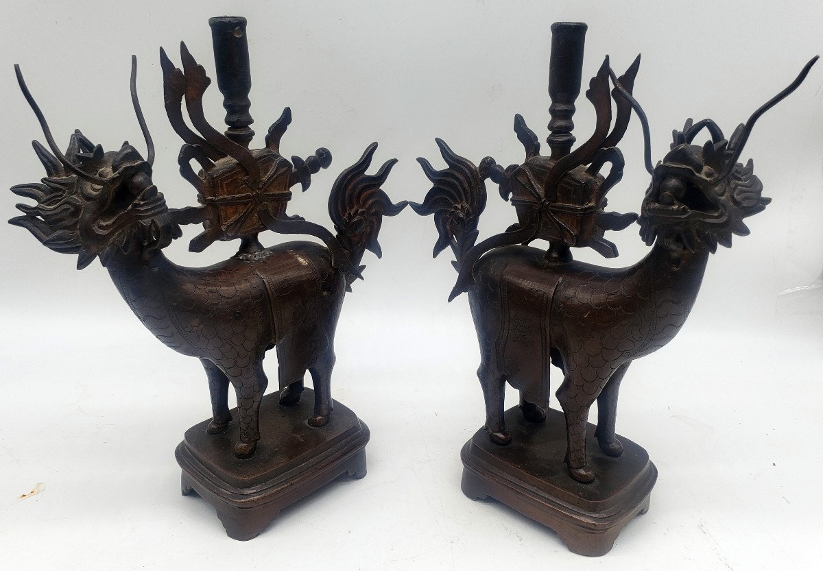 Pair Of Dragons Or China Asian Fô Dog In Bronze XIXth