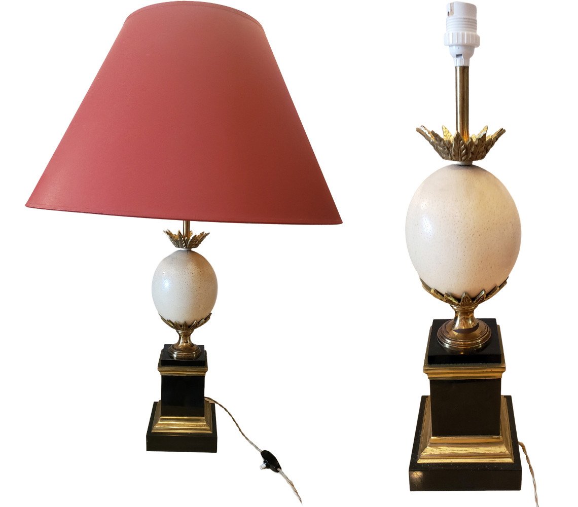 Lampe Maison Charles Composée d'Un œuf d'Autruche Avec éléments Bronze Doré Et Marbre