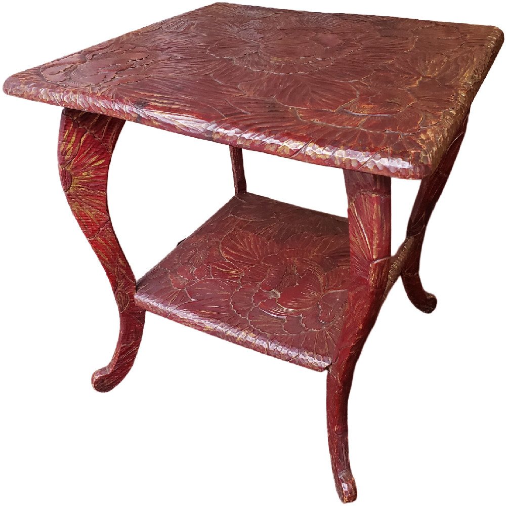 Art Nouveau Table Carved With Flowers In Red And Gold Lacquer-photo-3