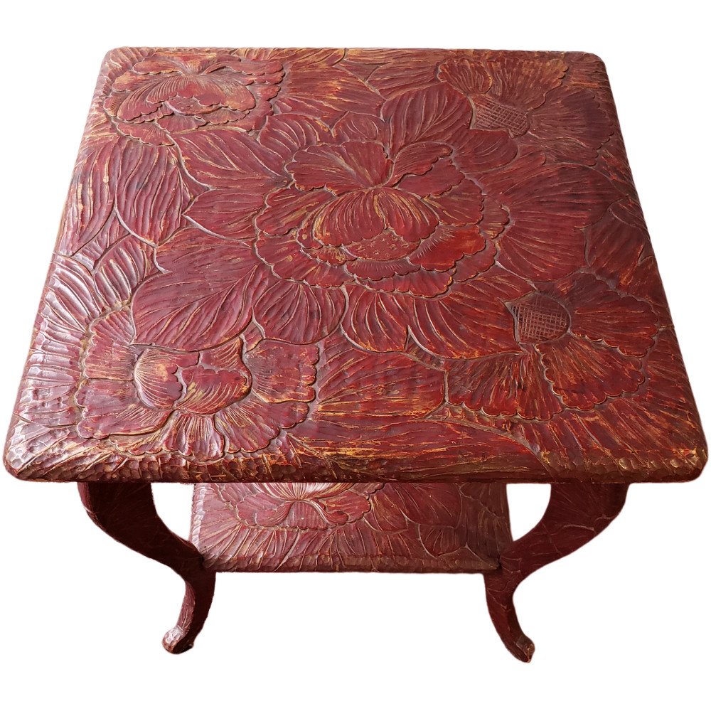 Art Nouveau Table Carved With Flowers In Red And Gold Lacquer-photo-4