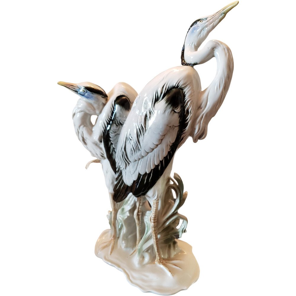Karl Ens Porcelain Figurine Pair Of Herons German Statue Of Two Bird Cranes