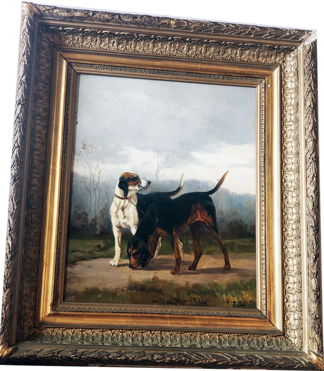 Gaston Carville XIXth Century Hunting Dogs Oil On Canvas-photo-2