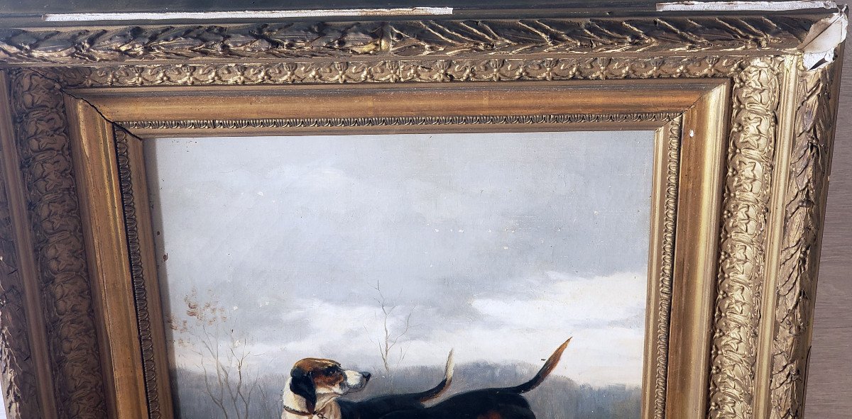 Gaston Carville XIXth Century Hunting Dogs Oil On Canvas-photo-4