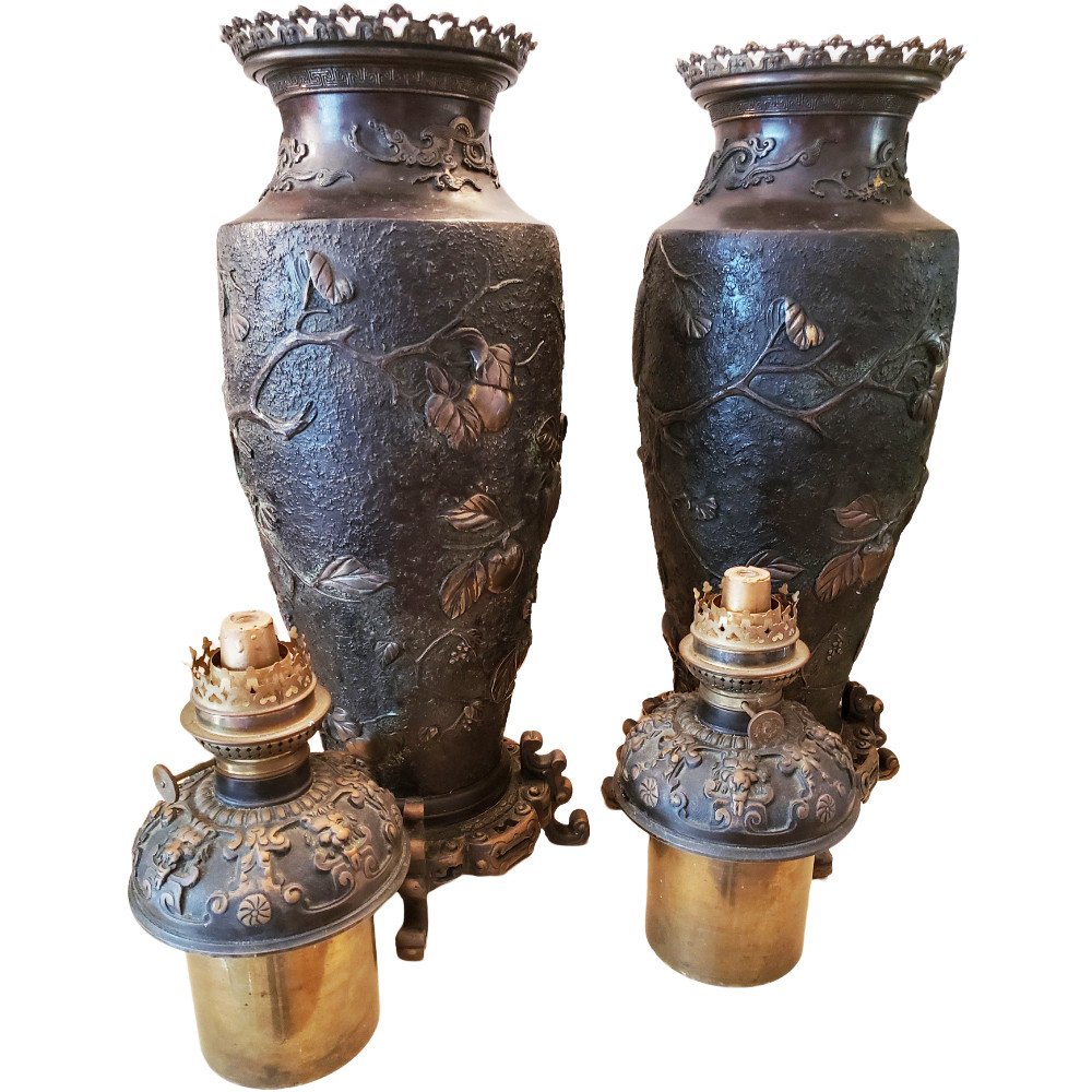 Spectaculaire Paire De Lampes Vases Bronze Decor Aux Singes Meiji Japon -photo-2