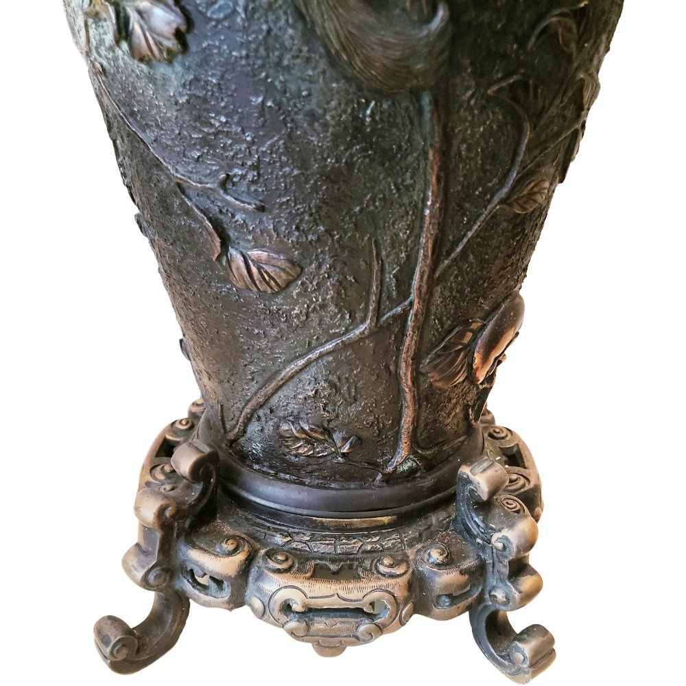 Spectaculaire Paire De Lampes Vases Bronze Decor Aux Singes Meiji Japon -photo-3