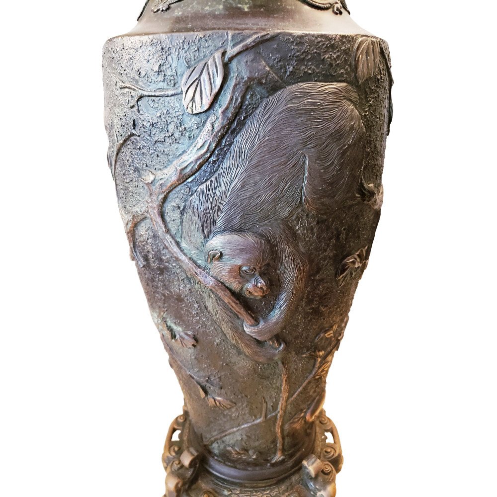 Spectaculaire Paire De Lampes Vases Bronze Decor Aux Singes Meiji Japon -photo-4