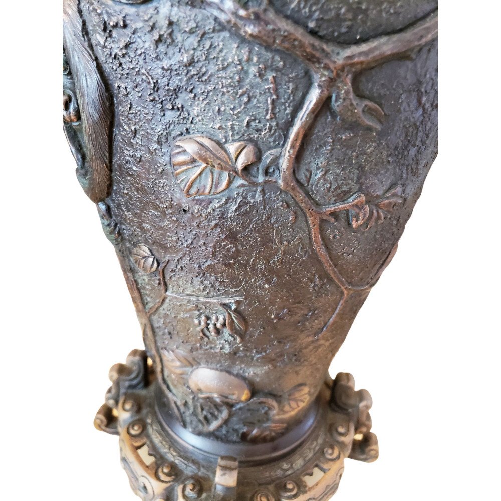 Spectaculaire Paire De Lampes Vases Bronze Decor Aux Singes Meiji Japon -photo-7