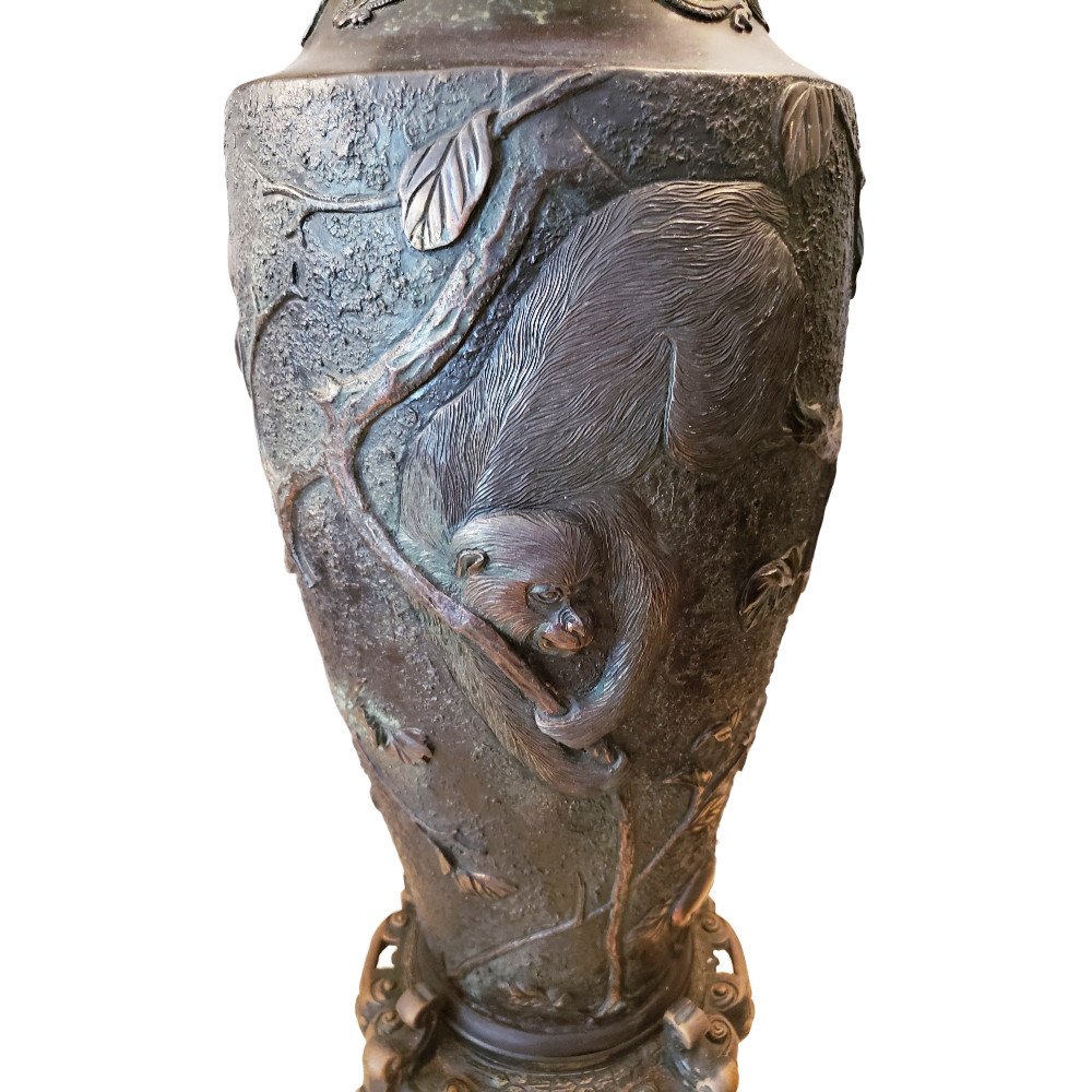 Spectaculaire Paire De Lampes Vases Bronze Decor Aux Singes Meiji Japon -photo-8