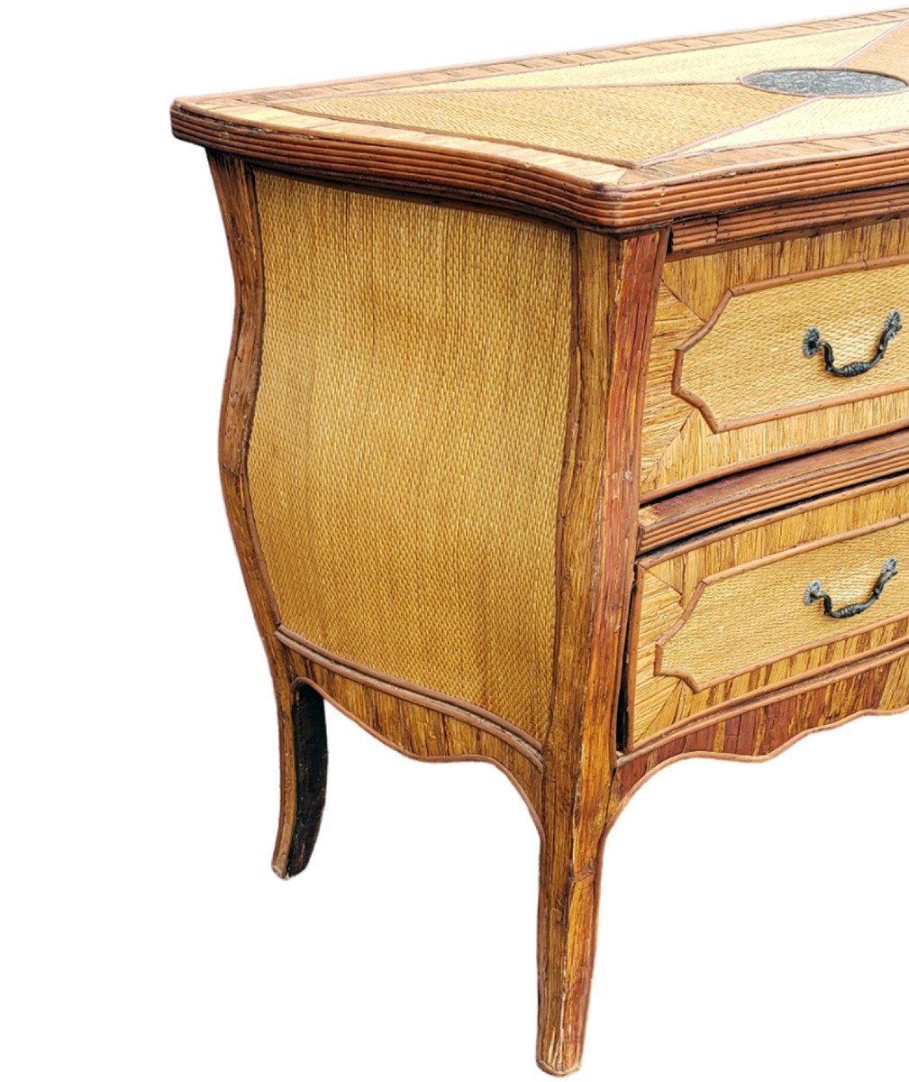Louis XV Curved Commode Dal Vera In Straw Marquetry And Braided Rattan Circa 1940/1950-photo-1