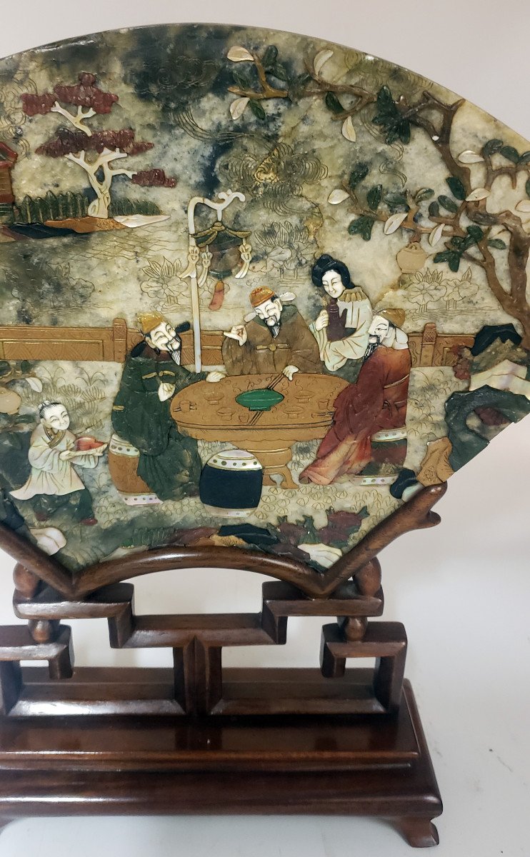 18th Century Literary Screen In Jade And Stones Hard Mother Of Pearl Decor Double Sides-photo-4