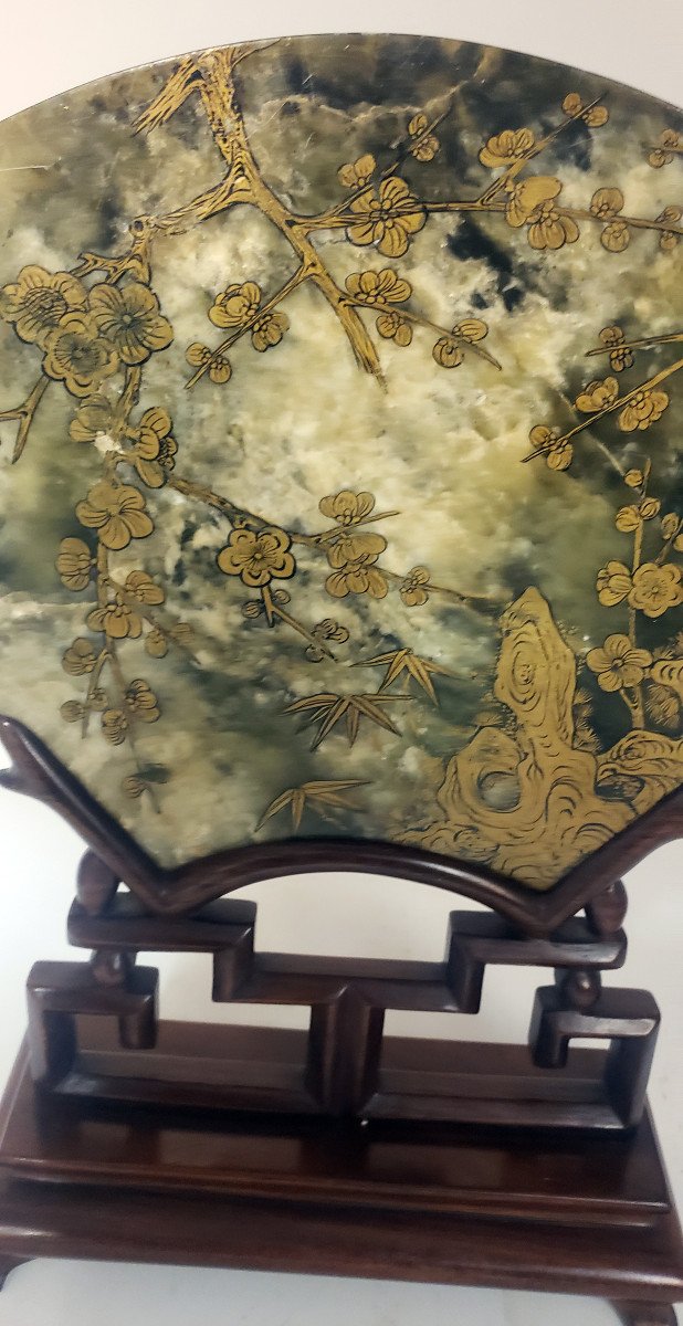 18th Century Literary Screen In Jade And Stones Hard Mother Of Pearl Decor Double Sides-photo-8