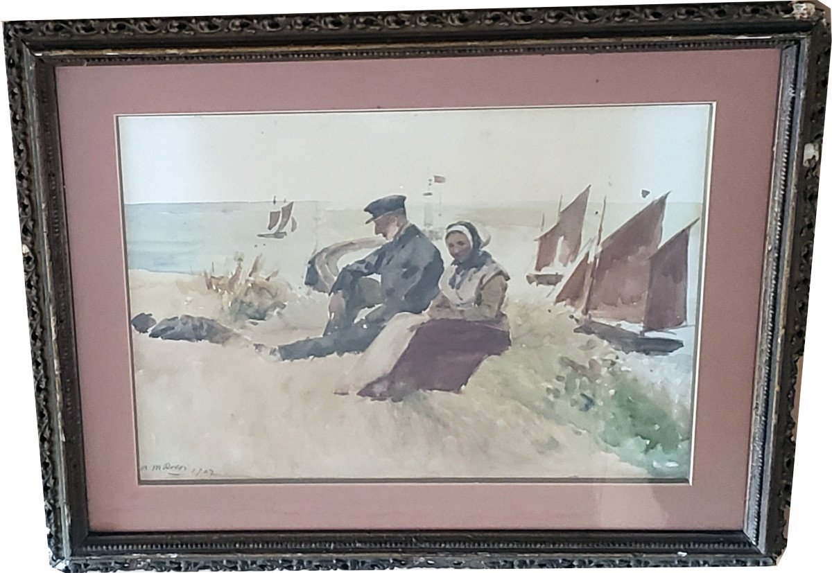 Alexander Mark Rossi English School Watercolor Couple At The Edge Of The Beach 1902