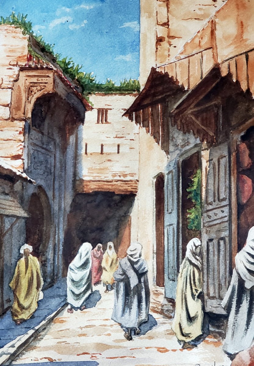 Watercolor Orientalist Morocco Signed And Situate-photo-3