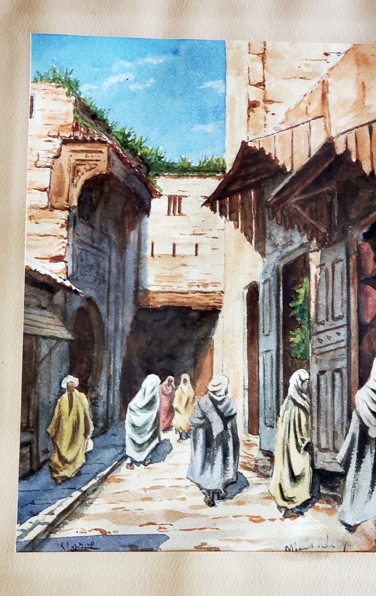 Watercolor Orientalist Morocco Signed And Situate-photo-4