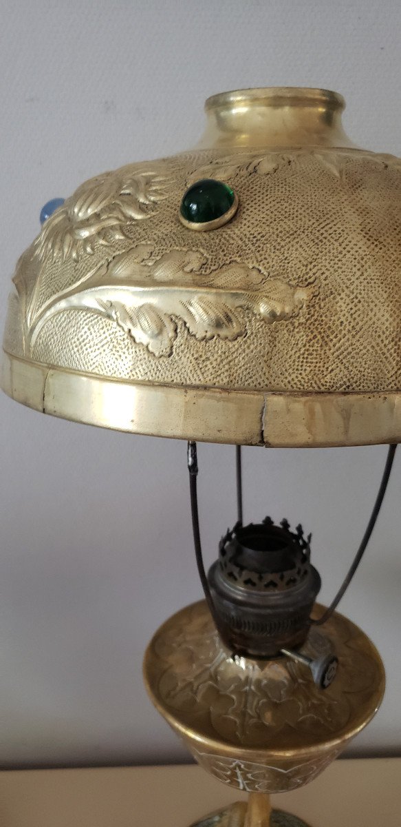 Importante Lampe Petrole De George Leleu Bronze Et Laiton -photo-4