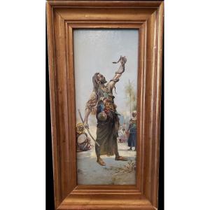 Orientalist Oil On Panel Snake Charmer Nineteenth