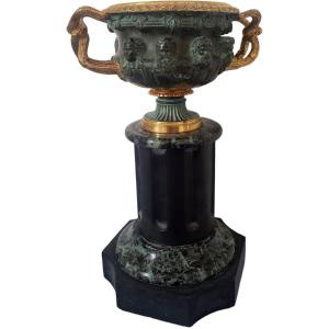 Tazza Warwick Vase On Pedestal Grand Tour Bronze Two Patinas And Marble Nineteenth
