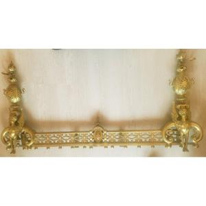 Pair Of Andirons In Gilt Bronze With Nineteenth Empire Fireplace Bar