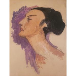 Aquarelle Femme De Profil Art Déco Vers 1930