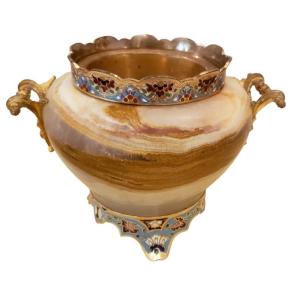  Eugène Cornu Vase En Onyx d'Algérie Et Bronze émaillé Cloisonné XIXème