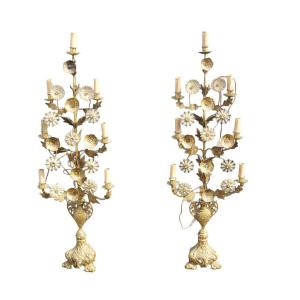 Pair Of Gilt Bronze Church Candelabra With Flower Decor And Seven Arms Of Light