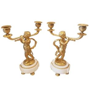 Pair Of Candelabra In Gilt Bronze And Marble, 19th Century Model By Clodion